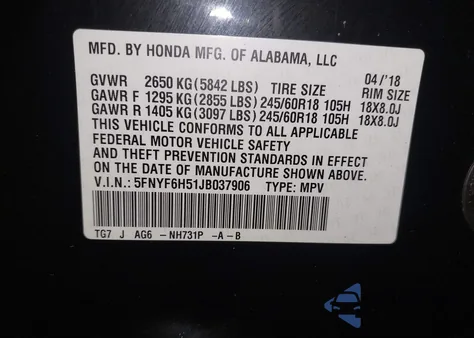 2018 Honda Pilot Ex-L from USA, damaged, VIN 5FNYF6H51JB037906